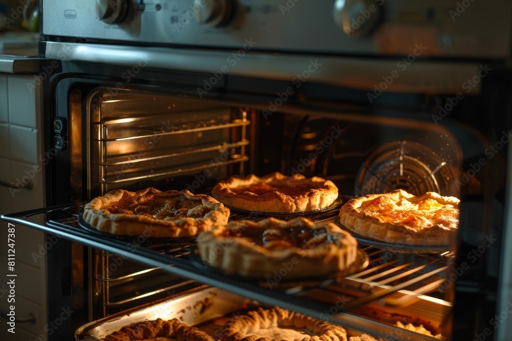 Two pies inside a hot oven, baking to perfection, A kitchen filled with the aroma of pies baking in the oven Two pies inside a hot oven, baking to perfection, A kitchen filled with the aroma of pies baking in the oven