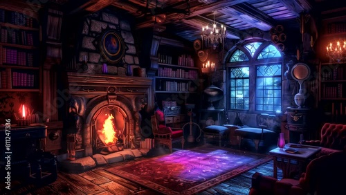 Animated background of witch room, medieval fantasy. looping time-lapse video