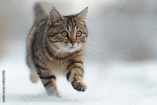 European Shorthair cat (Felis catus) running in the snow photo