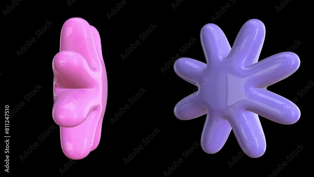 Abstract plastic 3D elements, pink and purple flower shape rotating on black background with alpha matte, looping animation.