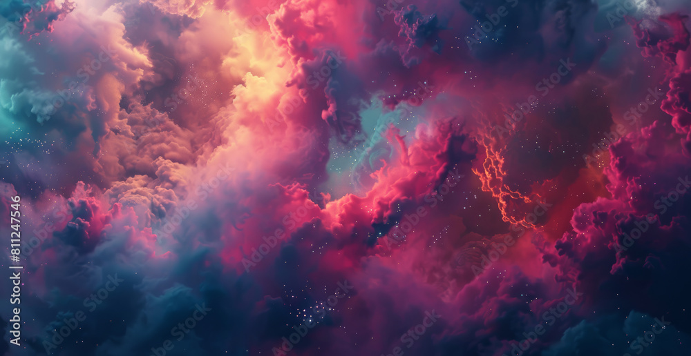 Clouds, galaxy and space with dramatic background of universe for adventure, exploration or fantasy. Cosmos, night and wallpaper of bright interstellar solar system for astrology or astronomy in sky