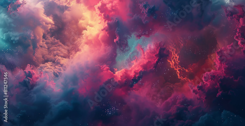 Clouds, galaxy and space with dramatic background of universe for adventure, exploration or fantasy. Cosmos, night and wallpaper of bright interstellar solar system for astrology or astronomy in sky