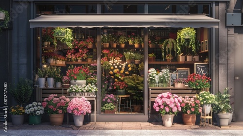 a store front view flower shop. street outdoor. beautiful flower shop front decoration realistic