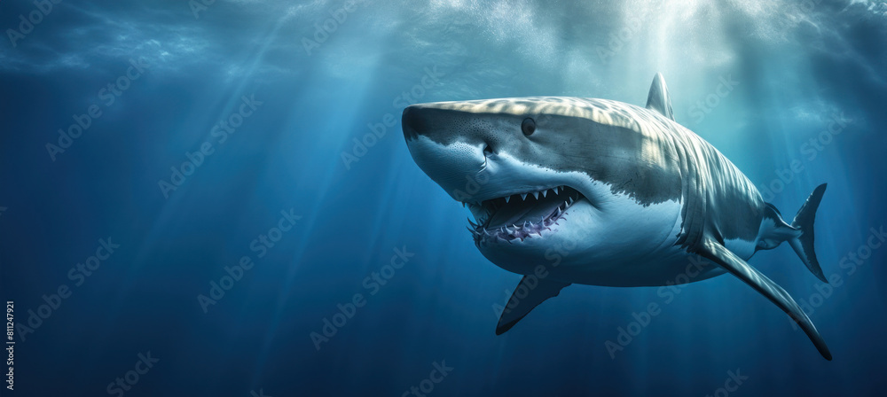 Un grand requin blanc la gueule ouverte, chassant sous la surface de l'eau, les rayons du soleil traversant l'océan, image avec espace pour texte.