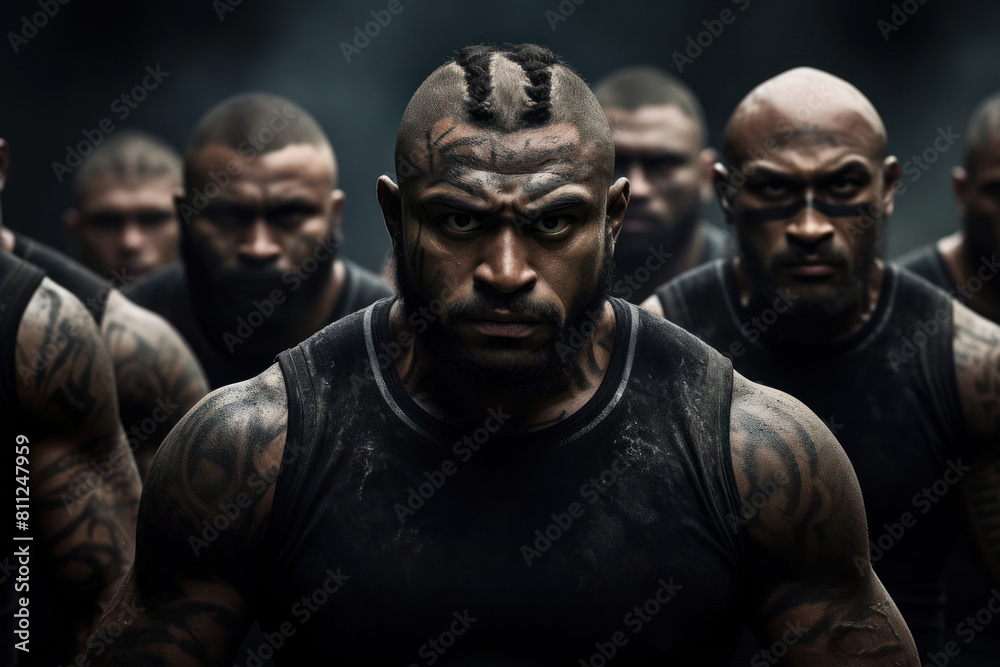 Des joueurs de rugby debout en formation, concentrés pour impressionner leurs adversaires, visages peints, regard intimidant, exprimant force, fierté et détermination. Des joueurs de rugby debout en formation, concentrés pour impressionner leurs adversaires, visages peints, regard intimidant, exprimant force, fierté et détermination.