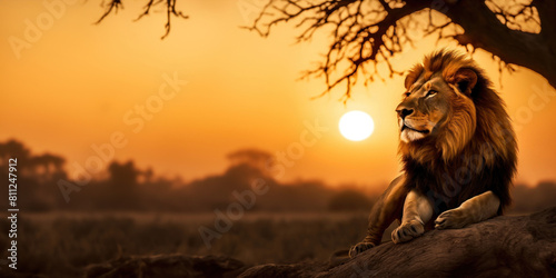 Un lion couché sous un arbre dans la savane africaine, regardant au loin, sous un coucher de soleil magnifique, ciel orange, image avec espace pour texte.