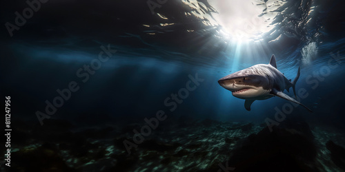 Un requin bouledogue nageant, chassant sous la surface de l'eau, les rayons du soleil traversant l'océan, image avec espace pour texte. photo