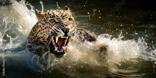 Un léopard agressif, la gueule ouverte, crocs acérés, plongeant dans une rivière, provoquant des éclaboussures d'eau. photo