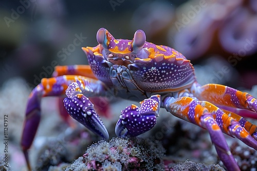 A closeup shot of a blue and purple striped crab on a coral reef © BOOM
