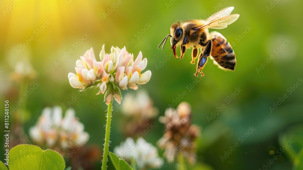 Honey bee in flight from a clover flower Honey bee in flight from a clover flower