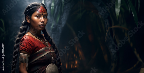 Une jeune femme Maya, cheveux tressés, habillée en costume traditionnel, la nuit, dans la jungle, image avec espace pour texte. photo