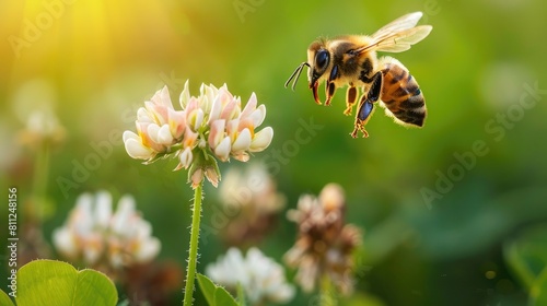 Honey bee in flight from a clover flower