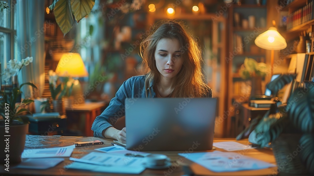 Focused Young Woman Working Late at Home Office