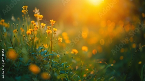 Abstract soft focus sunset field landscape of yellow flowers and grass meadow warm golden hour sunset sunrise time. Tranquil spring summer nature closeup and blurred forest background. Idyllic nature © usman
