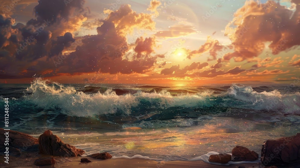 A sunset over the ocean with waves crashing on the shore and rocks. Seascape with sand beach, cloudy sky. realistic