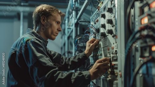 Comprehensive electrical safety maintenance and testing by skilled repairman. Technician inspecting voltage and circuit connections at the main power distribution board hyper realistic  photo