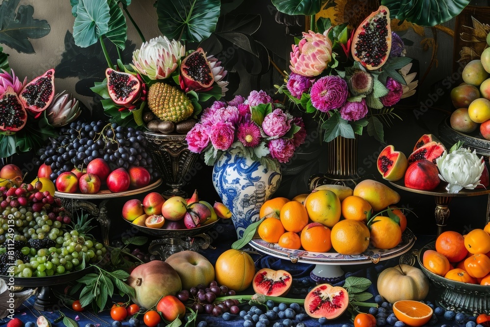 A bountiful assortment of vibrant fruits and vegetables displayed on a tabletop, A lavish spread of colorful fruits and vegetables A bountiful assortment of vibrant fruits and vegetables displayed on a tabletop, A lavish spread of colorful fruits and vegetables