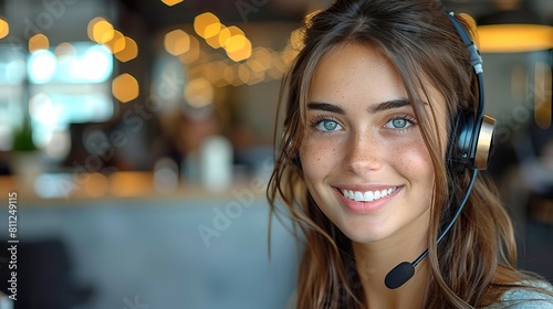 Young Woman Wearing Headset Smiling in Modern Office © andriyyavor