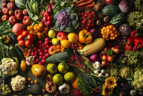 Various types of colorful fruits and vegetables arranged in a lavish spread  A lavish spread of colorful fruits and vegetables