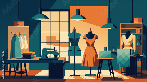 Vibrant Illustration of a Fashion Designer's Studio with Mannequins and Sewing Equipment