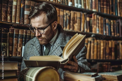A lawyer engrossed in reading a book on a legal matter surrounded by library shelves filled with books, A lawyer conducting research on a complex legal issue