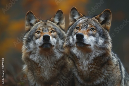 Two wolves in the autumn forest   Portrait of two wolves