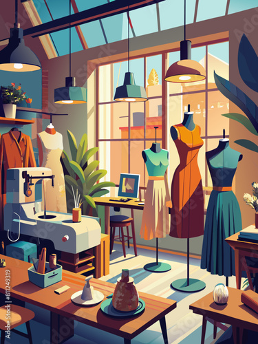 Vibrant Fashion Design Studio Interior with Mannequins and Sewing Machine