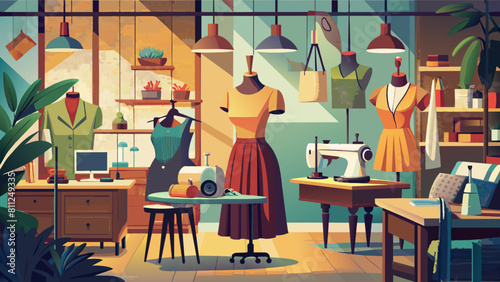 Vibrant Tailor Studio Interior with Mannequins and Sewing Machine