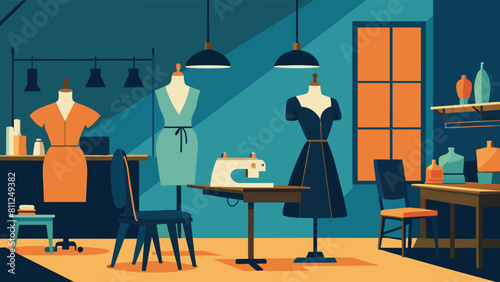 Fashion Designer's Workshop Interior with Mannequins and Sewing Machine