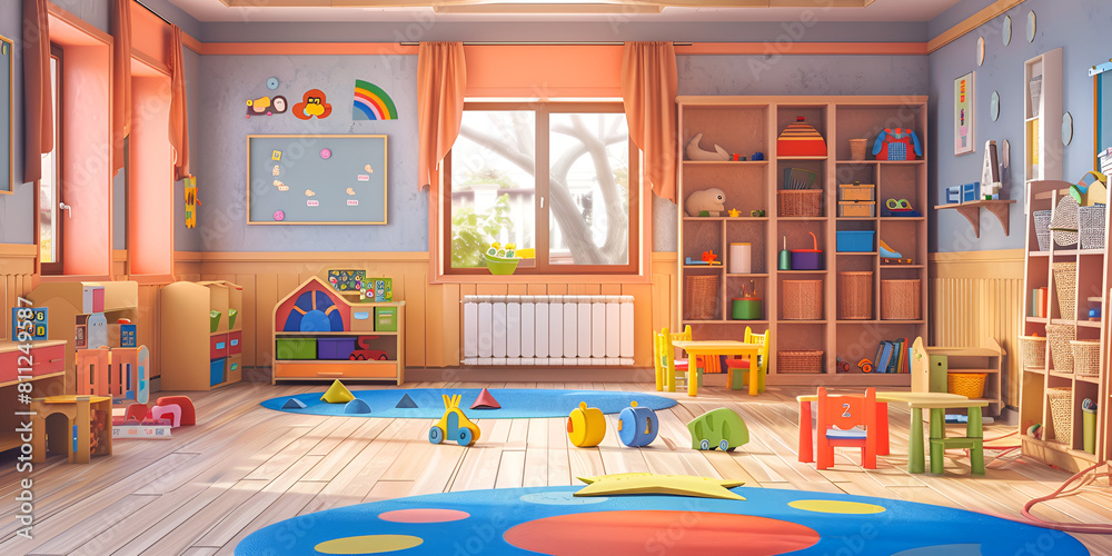 A photo of a clean and organized children's playroom A photo of a clean and organized children's playroom