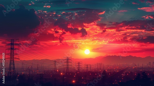 sunset behind electricity transmission towers
