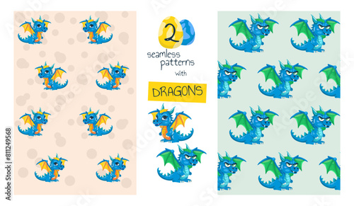 Set of 2 seamless patterns with cute baby dragon. Simple vector style. Suitable for childrens wallpaper, wrapping paper and textiles.
