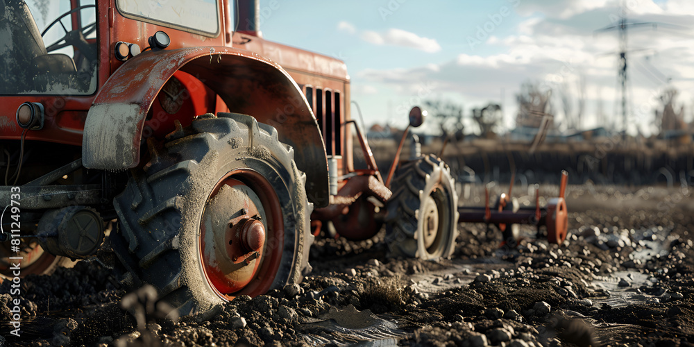 A farm tractor in action, tilling the soil with a plow to get ready in the field A farm tractor in action, tilling the soil with a plow to get ready in the field