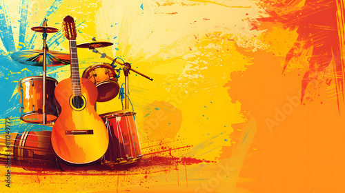 illustration of musical instruments on a bright background with copy space