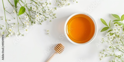 jar of honey with honey stick and bright flowers on a light background