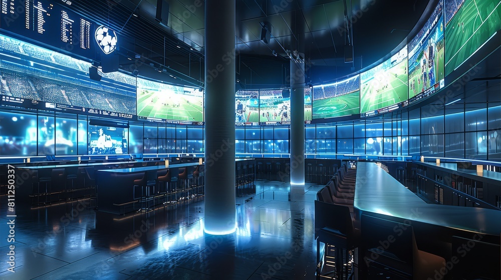 Futuristic digital sports experience room with large screens showing ...