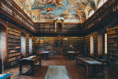 Interior view of a library featuring tables and bookshelves overflowing with books, including a mural of literary classics, A library with a mural depicting literary classics photo