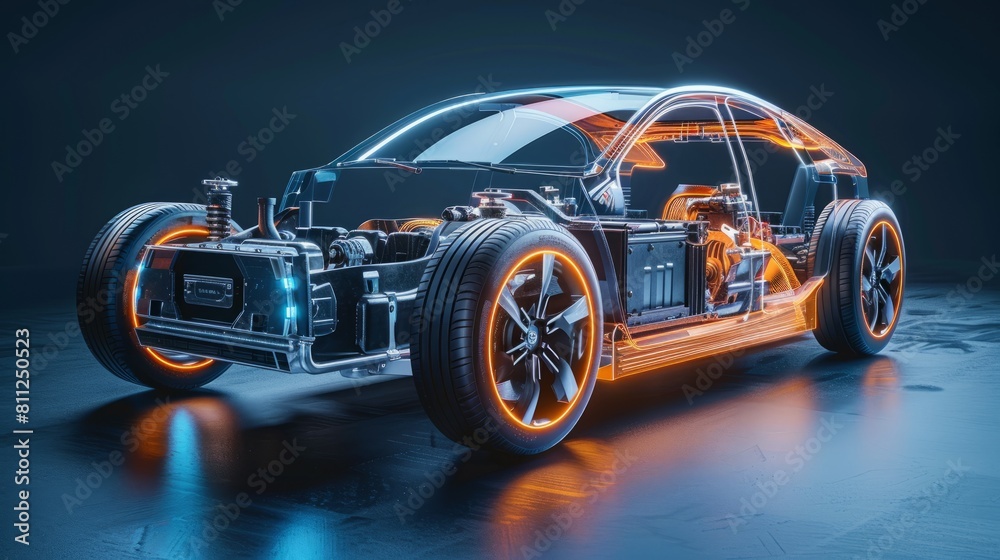 Electric car technical cutaway with all main details of EV system in ghost effect hyper realistic 