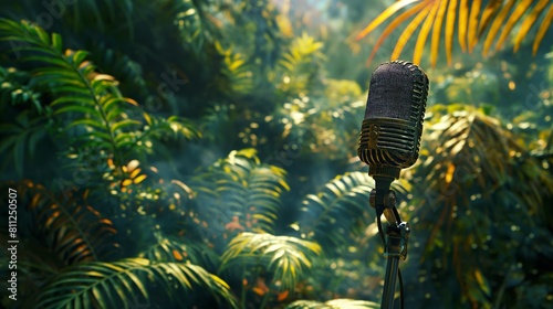 Audio equipment placed in front of a lush green forest