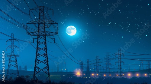 Electric pylons under moonlight at blue night. Electricity lines and electric power station in the sky at night hyper realistic 