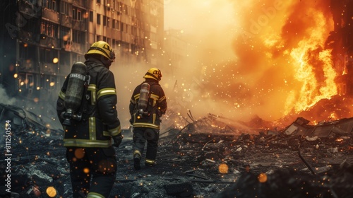 Firefighter fighting to put off fire flames in big city photo