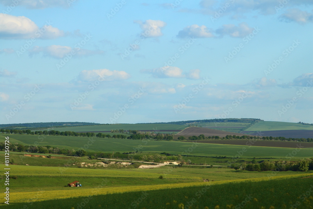 A landscape with a car and a field of grass and trees A landscape with a car and a field of grass and trees