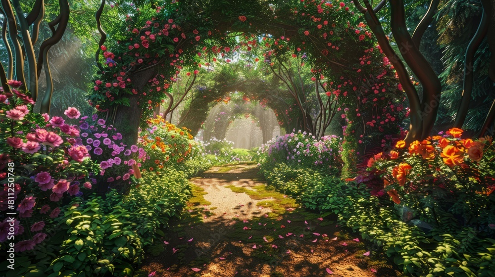 Enchanted fairytale garden, secret pathways under flower arches, vibrant greenery, a digital backdrop of magical beauty, AI Generative hyper realistic 