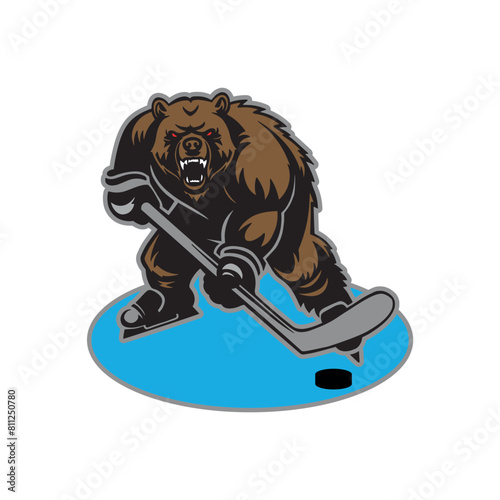 Bear hockey player with a puck on the ice. isolated on white background.vector illustration