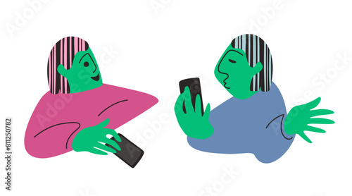 Man with a smartphone. Funny people with mobile phones. Minimalistic, flat style. Collection of vector illustrations, isolated objects on a white background