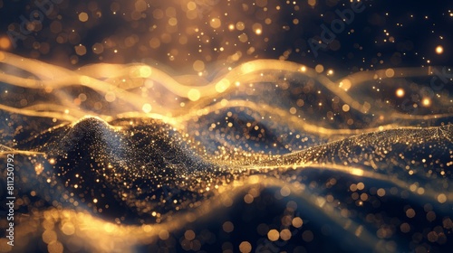 Ethereal gold dust waves, digital particles create a stellar landscape, glowing abstract background, stars shimmer in orchestrated light, AI Generative hyper realistic  photo