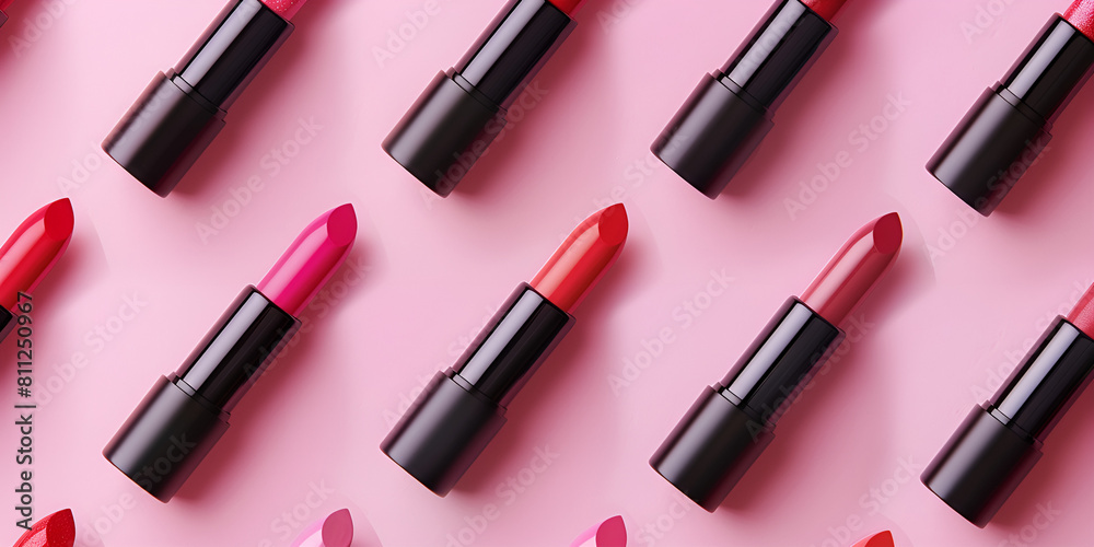 Obraz premium Bright red lipstick on a light pink surface.