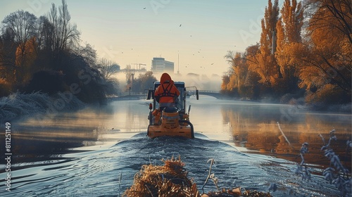 A river cleaner collecting floating waste. Early morning river scene. Generative AI. photo