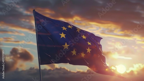 Flag of European Union waving in the breeze against a sunset sky. Banner with EU flag. hyper realistic 