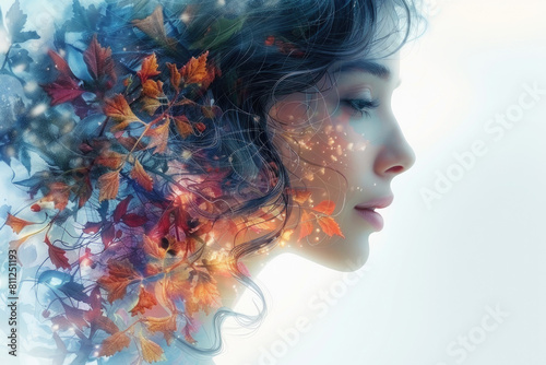 A Captivating Portrait Merging a Woman’s Side Profile with Colorful Autumn Foliage, Ideal for Use in Fashion, Nature, and Lifestyle Features. Created with Ai